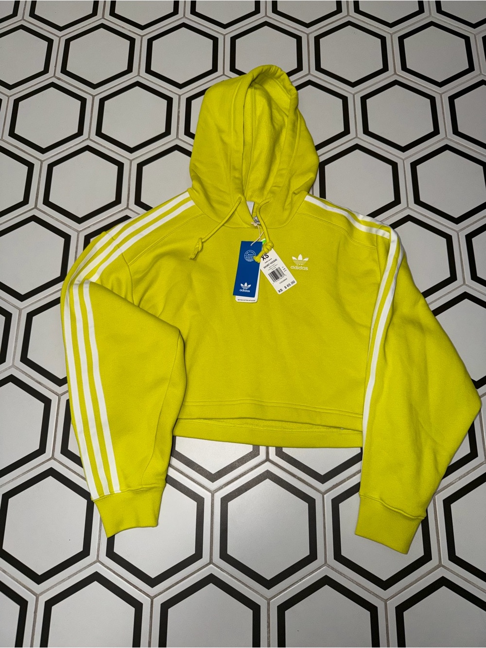 adidas Neon Yellow Short Hoodie with White Trefoil